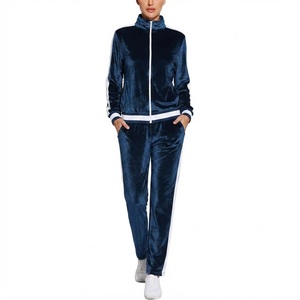 Conjunto Deportivo Ligero y Transpirable de Terciopelo Azul Marino para Mujer, Chaqueta con Cierre Completo y Cuello Alto, Pantalones con Rayas Blancas, Atuendo Casual de Otoño - Product Image 1
