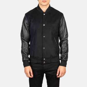 <b>Men's</b> Black PU <b>Leather</b> Varsity <b>Jacket</b> Stand Collar Button Closure Casual Autumn Wear - Product Image 5