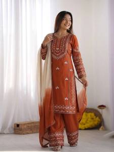 Ensemble Salwar Kameez brodé orange pour femmes, tenue formelle indienne pakistanaise, tenue de soirée de mariage - Product Image 2