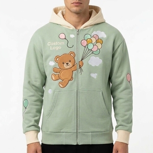 Sweat à capuche unisexe personnalisé avec logo frontal, style vintage, imprimé ours mignon et ballon, 100% coton, coupe ample, en molleton doux, décontracté, service OEM - Product Image 2