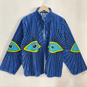 Veste Bohème en Velours Bleu pour Femme, Broderie Abstraite Fait Main, Motif Œil Turc, Vêtement d'Extérieur pour Festival - Product Image 1