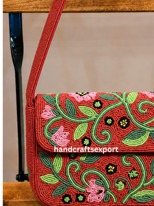 Wholesale Handmade <b>Red</b> Beaded Floral Shoulder Bag, Colorful Flower, Magnetic Snap Closure Durable Lightweight Eco-Friendly - Product Image 5