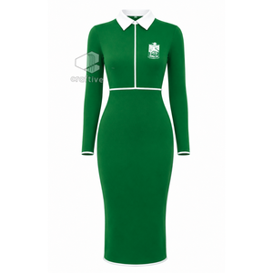 Robe moulante mi-longue verte pour femme Iota Phi Lambda avec col polo blanc contrastant, fermeture éclair quart de tour, manches longues, robe décontractée ajustée - Product Image 1