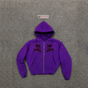 Sudadera con capucha morada duradera de gran tamaño con cremallera, estilo gótico tribal, corte holgado, moda urbana, ropa casual, atuendo diario, ropa de fin de semana - Product Image 5