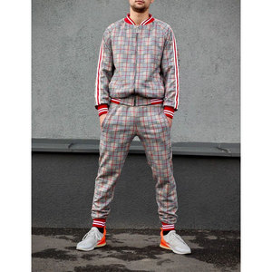 Men's Plaid Tracksuit Set Full Sleeve Zipper Casual <b>Joggers</b> With Side Pockets Breathable <b>Polyester</b> Autumn Wear - Product Image 1