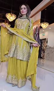 Costume ethnique en soie brodée pour femmes, manches longues, palazzo avec dupatta en dentelle fantaisie, style pakistanais, toutes saisons - Product Image 3