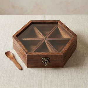 Handcrafted Hexagon <b>Spice</b> <b>Box</b> | Sheesham Wood Masala Dabba 6 Compartment Organizer - Product Image 2