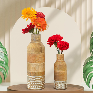 Vases en bois sculpté style bohème, design gravé, forme bouteille, en bois de manguier, lot de 2, pour fleurs, décoration intérieure - Product Image 2