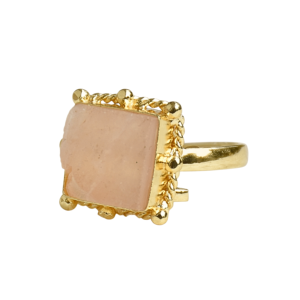 <b>Gold</b> Plated Brass <b>Cocktail</b> <b>Ring</b> With Square Rose Quartz Bezel Setting Geometric Bohemia Style Unisex Daily Wear June Birthstone - Product Image 3