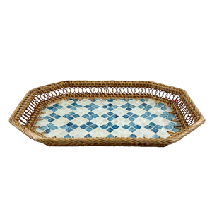 Bandeja Octogonal de MDF con Incrustaciones de Capiz, Hecha a Mano, Sostenible, Duradera, Elegante, Vintage, Rústica, con Patrón de Mosaico Azul y Marco de Ratán, Decoración para el Hogar - Product Image 2