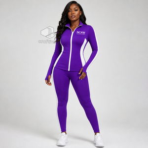 NCNW Women's Purple Workout <b>Set</b> With <b>White</b> Contrast Side Panels Stand Collar Full Zip Jacket High Waist Leggings Activewear <b>Set</b> - Product Image 6