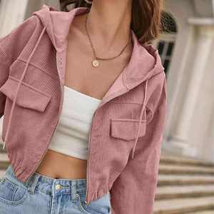 New Trend Women's Winter Hooded <b>Zip</b>-<b>Up</b> <b>Jacket</b> Casual Drawstring Pocket Breathable Short Crop Design Woven Solid Pattern Autumn - Product Image 6