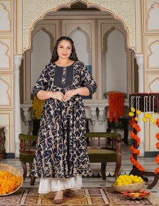 Women's <b>Plus</b> <b>Size</b> Rayon Anarkali Kurta Blue Abstract Printed Round Neck Three Quarter Sleeves Comfortable Daily Wear - Product Image 4