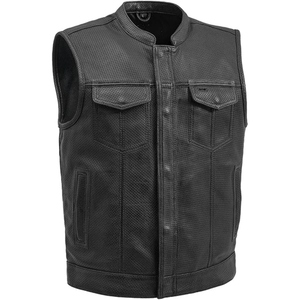 Custom <b>Men's</b> <b>Black</b> Perforated Genuine Cowhide Leather Motorcycle Vest Stand Collar Biker Club Leather <b>Waistcoat</b> - Product Image 1