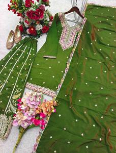 Olive Green Embroidered Indian Pakistani Set Long Sleeve <b>Kurta</b> Palazzo Dupatta Traditional <b>Dress</b> for Party Wedding - Product Image 4