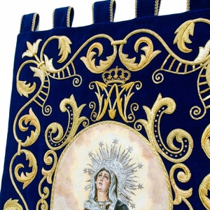 Bandera Litúrgica Procesional 3D Ecológica al por Mayor, de Terciopelo Azul con Bordado a Mano y Flecos Dorados, Diseño Personalizado - Product Image 5