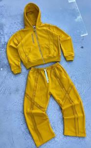 Sudadera con capucha y cremallera de algodón grueso azul de 500 g/m² para hombre, conjunto de sudadera corta y pantalón jogger, estilo urbano. - Product Image 4