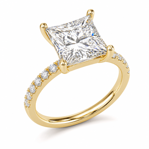 Bague de fiançailles solitaire classique en diamant de laboratoire taille princesse, certifiée IGI, avec bande pavée en or jaune 14 carats rhodié, pour anniversaire - Product Image 1