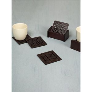 Ensemble de sous-verres de luxe en bois ajouré, carrés, en bois foncé, sculptés vintage, pour boissons, avec support - Product Image 1