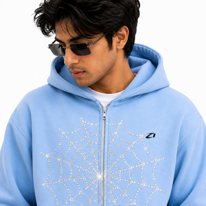 Unisex 2PC <b>Tracksuit</b> Set Full Zip Hoodie Jogger Pants Spiderweb Rhinestone Graphic <b>Matching</b> <b>Couple</b> Streetwear Custom Logo OEM - Product Image 4