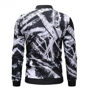 Men's Slim Fit Bomber <b>Jacket</b> Black White Hand Painted Print Zipper Closure Casual Spring Outerwear Polyester Material - Product Image 5