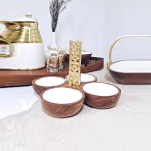 Bol de service en bois à 4 compartiments, élégant, avec incrustation en émail et poignée en métal, parfait pour servir des collations et décorer la table - Product Image 5