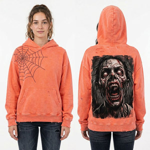 Sudadera con Capucha para Mujer, Color Naranja Coral Sólido, Estilo Desgastado, con Detalle de Telaraña y Pedrería, Gráfico de Zombie Gritando en la Espalda, Lavado Ácido Vintage, 100% Algodón - Product Image 1