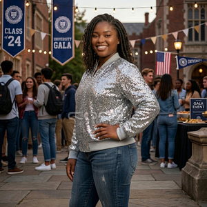 Cosh International Custom Logo Sorority Sisterhood Silver <b>Sequined</b> Bomber <b>Jacket</b> Full Sleeve Zipper Closure Turn-down Collar - Product Image 4