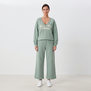 Ensemble de survêtement molletonné décontracté pour femme, col en V, coupe ample, longueur cheville, 100% coton - Product Image 6