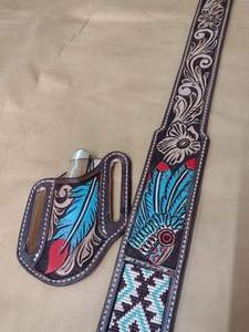 Ceinture en cuir pleine fleur véritable, ornée de fleurs perlées et de motifs faits à la main, style western, pour homme et femme, avec boucle en alliage de zinc bleue et perles cousues. - Product Image 2