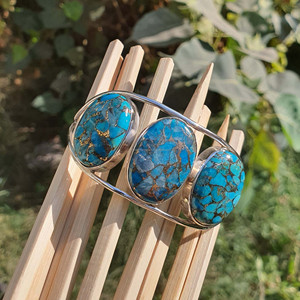 Three Blue <b>Copper</b> Turquoise Gemstone 925 Sterling Silver Adjustable Cuff Bangle <b>Bracelet</b> Handmade Large Stone Party Gift - Product Image 1