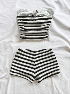 Ensemble deux pièces décontracté pour femmes, haut court sans bretelles, pantalon long, uni, respirant, polyester et coton, vêtements de mode d'été - Product Image 2