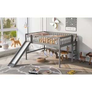 Letto a soppalco a basso profilo per bambini con scaletta e scivolo, colore grigio - Product Image 4
