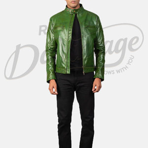 Chaqueta de Cuero Verde Esmeralda para Hombre, Corte Ajustado, Piel de Oveja Auténtica, Estilo Motero, Cuello Mao, para Otoño e Invierno - Product Image 3