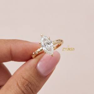 Anillo de compromiso clásico con diamante marquesa cultivado en laboratorio, banda pavé, engaste de 6 garras, oro macizo, regalo para fiesta de bodas - Product Image 2