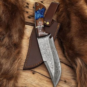 Couteaux de chasse de style artisanal avec lame à motif Damas, manche décoratif et porte-couteau en cuir pour le camping et la randonnée - Product Image 4