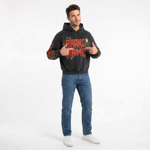 Sweat à capuche oversize pour homme de votre marque, imprimé crâne et flammes, style Hip Hop, noir, délavé à l'acide vintage, logo avant et arrière, capuche intégrale - Product Image 4