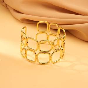 Luxury Geometric Square Link Gold Plated Brass Open Cuff <b>Bracelet</b> – Handcrafted Statement Fashion Bangle for Women - Product Image 2