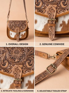 Hand Tooled Genuine Leather Saddle Shoulder Bag Cowhide Pattern Crossbody <b>Purse</b> Vintage Floral Women's Daily Travel - Product Image 3