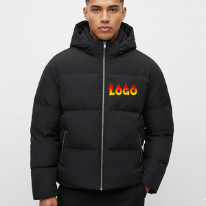 <b>Men's</b> Black Hooded Puffer Jacket With Flame Logo <b>Heat</b> Transfer Printing Windproof Winter Casual <b>Coat</b> Regular Fit Polyester Shell - Product Image 4