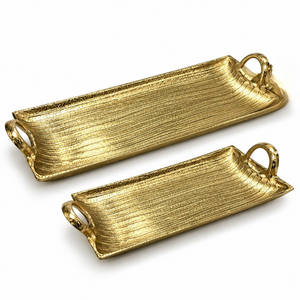 Juego de bandejas de servir de aluminio con acabado dorado premium, bandejas rectangulares texturizadas con asas |   Decoración de Lujo para Mesa de Comedor - Product Image 1