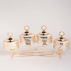 Wholesale 4 Compartment Round Stainless Steel Condiment Server Chafing Dish Set Rose Gold Interlocking Wire Bridge <b>Stand</b> Laser - Product Image 1
