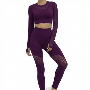 Women's 2 Piece Yoga Set <b>Long</b> <b>Sleeve</b> Crop <b>Top</b> High Waist Leggings Hollow Out Mesh <b>Gym</b> Activewear - Product Image 1