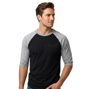Men's <b>Black</b> Gray Raglan Sleeve T-Shirt Embossed <b>Wing</b> Logo O-Neck Casual Fit 100% Cotton Jersey Regular Length - Product Image 4