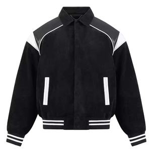 Men Varsity Jacket Sheep Fur Trim Leather Sleeves <b>Fleece</b> Lining Eco-Friendly Knitted Fabric Single Button Breathable Jacket - Product Image 3
