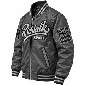 Blouson bomber gris en PU pour homme, col montant, fermeture éclair, coupe sportive, coupe régulière, coupe-vent, vêtement d'hiver, logo frontal, doublure polaire - Product Image 3