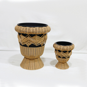 Juego de 2 Macetas de Ratán Ecológicas con Base de Pedestal y Forro Negro, Macetas de Interior de Estilo Rústico - Product Image 1
