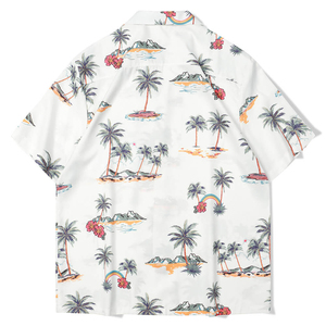Men's <b>White</b> Short Sleeve Hawaiian <b>TShirt</b> With Palm Tree Print Regular Fit Casual Wear V-Neck Cotton Woven Breathable - Product Image 2