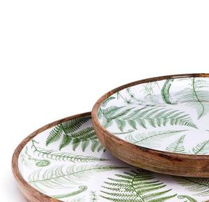Wholesale Handcrafted <b>Round</b> Wood Enamel <b>Tray</b> Set Bulk Serving Platter Elegant Transfer Sheet Fern Print Dining Tableware - Product Image 5