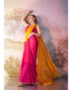 Sari KV de Georgette Rosa con Bloques de Color y Blusa sin Coser - Product Image 6